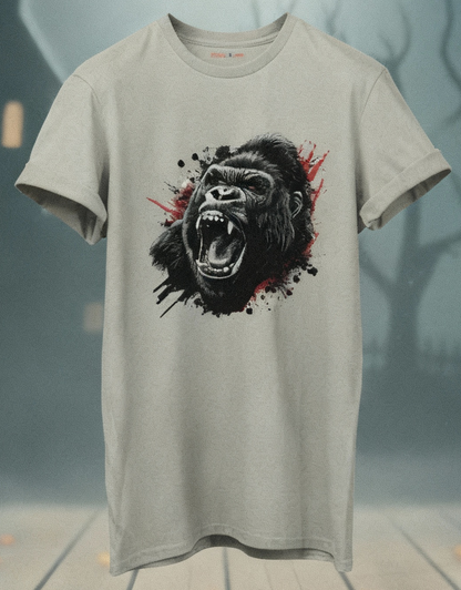T-shirt with a gorilla graphic on a Halloween-themed background with pumpkins and bats.