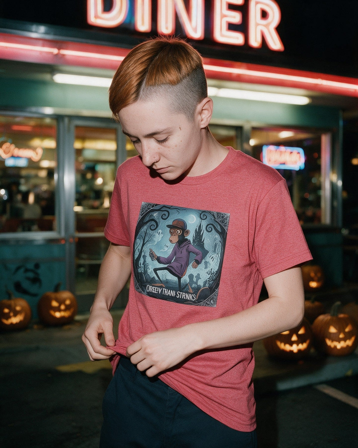 Escape from the darkness T-shirt in Heather Red worn on the street — Urban Kong