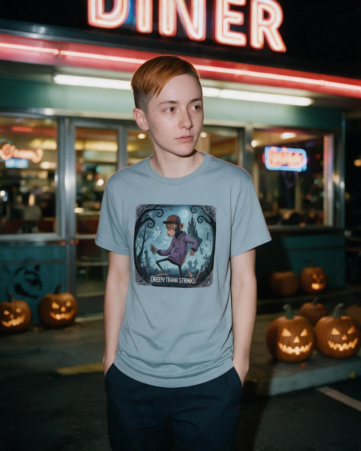 Escape from the darkness T-shirt in Ice Grey worn on the street — Urban Kong