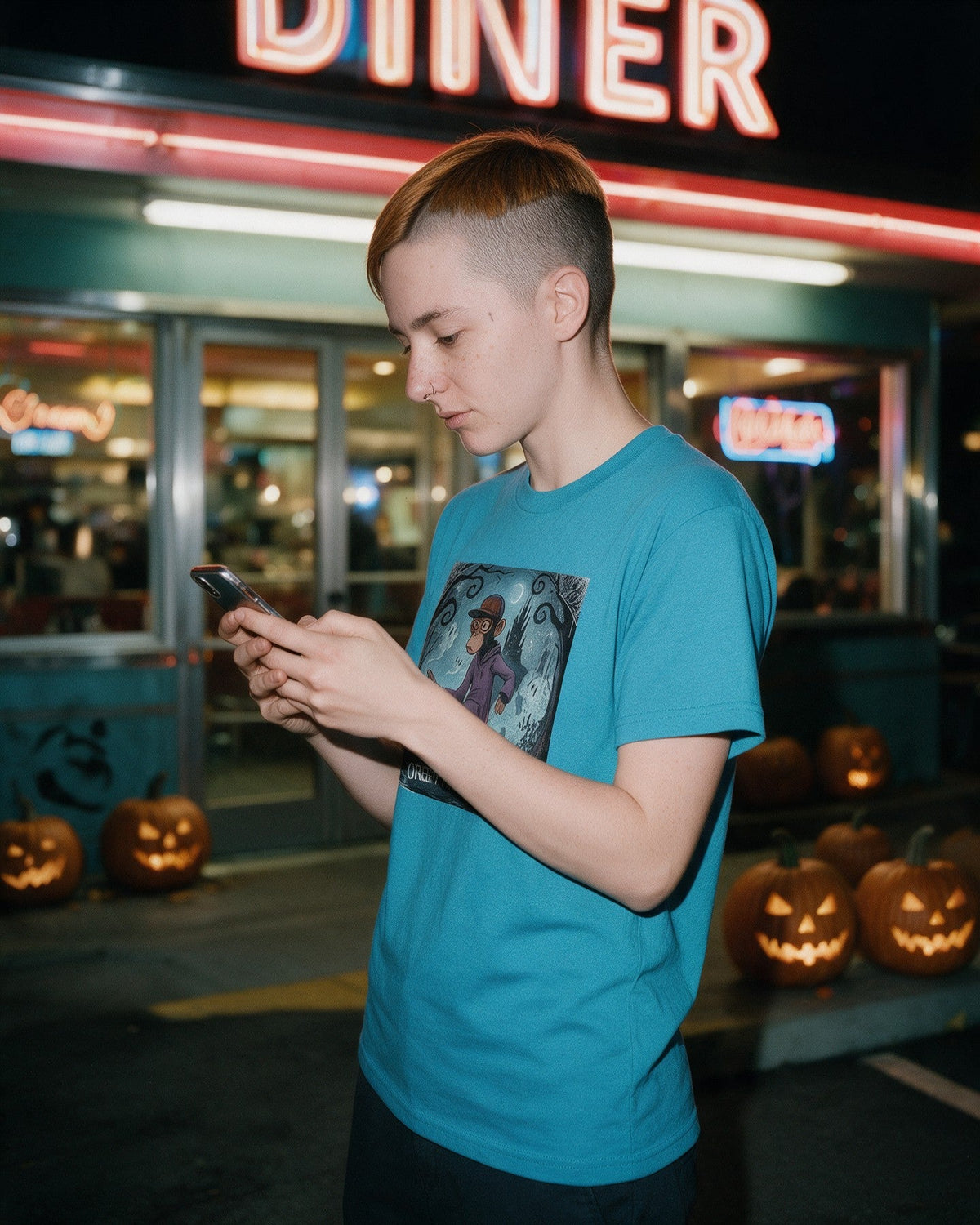Escape from the darkness T-shirt in Tropical Blue worn on the street — Urban Kong