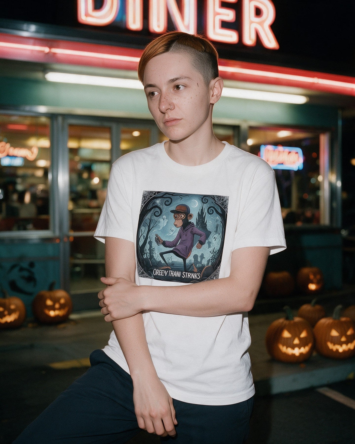 Escape from the darkness T-shirt in White worn on the street — Urban Kong