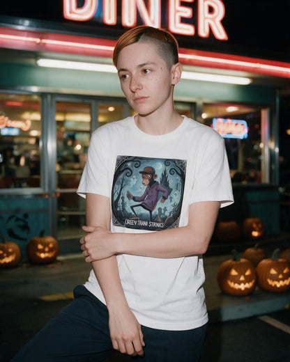 Escape from the darkness T-shirt in White worn on the street — Urban Kong