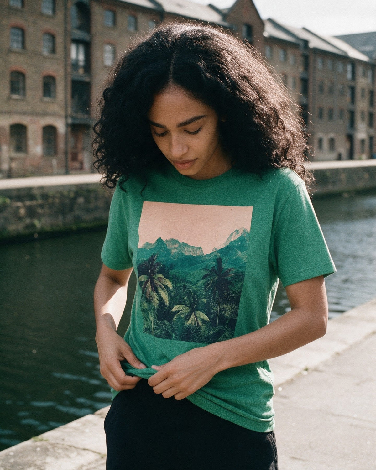 Ethereal Jungle T-Shirt in Heather Irish Green worn on the street — Urban Kong