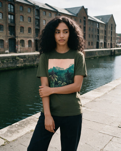 Ethereal Jungle T-Shirt in Military Green worn on the street — Urban Kong