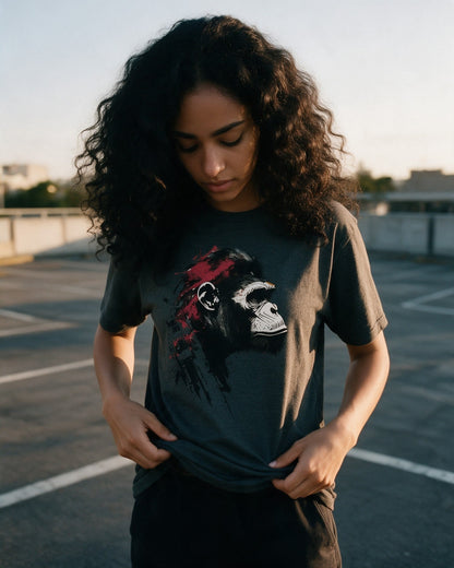 Facing Future T-Shirt in Dark Heather worn on the street — Urban Kong