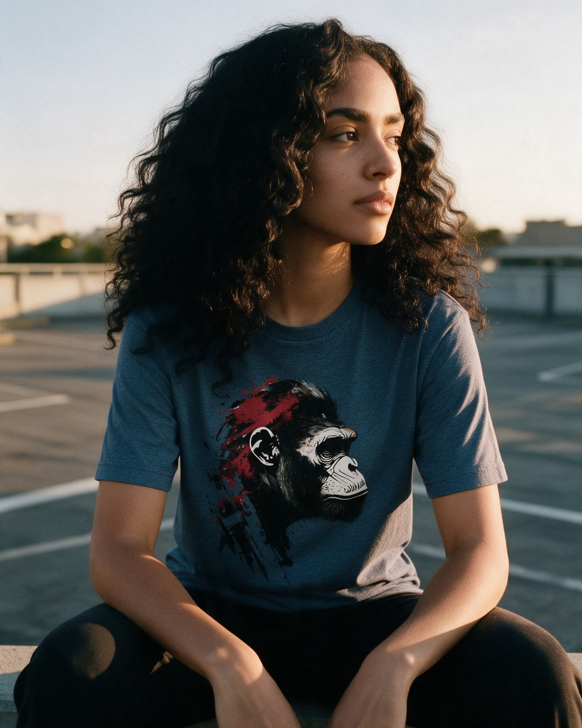 Facing Future T-Shirt in Heather Indigo worn on the street — Urban Kong