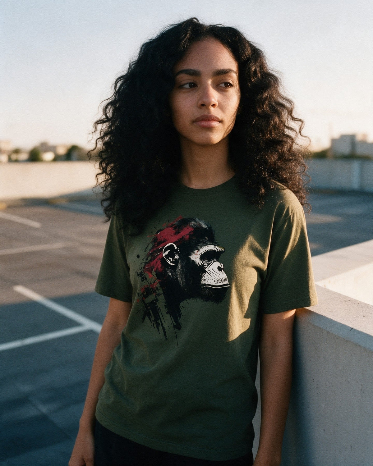 Facing Future T-Shirt in Military Green worn on the street — Urban Kong