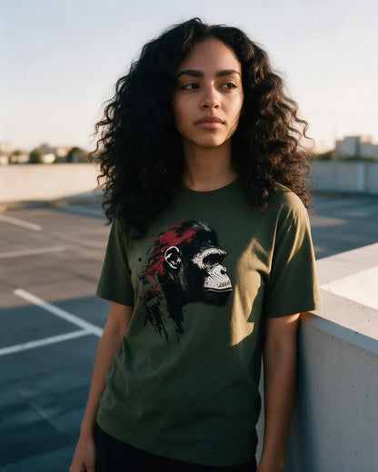 Facing Future T-Shirt in Military Green worn on the street — Urban Kong
