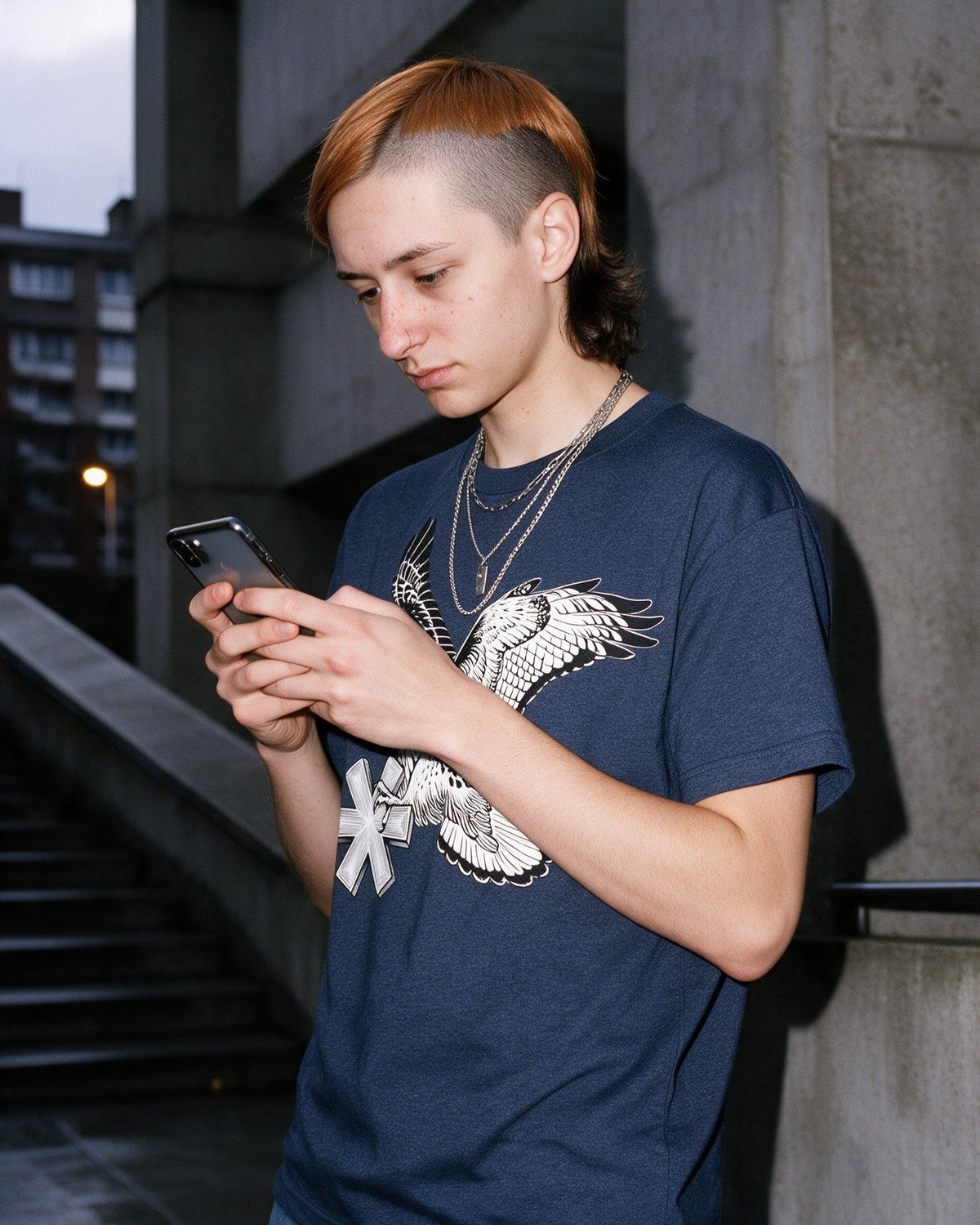 Falcon Strike T-Shirt in Heather Navy worn on the street — Urban Kong