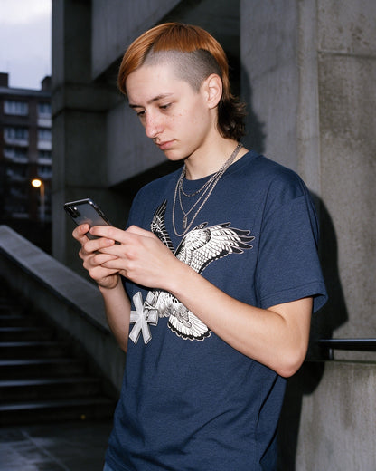 Falcon Strike T-Shirt in Heather Navy worn on the street — Urban Kong