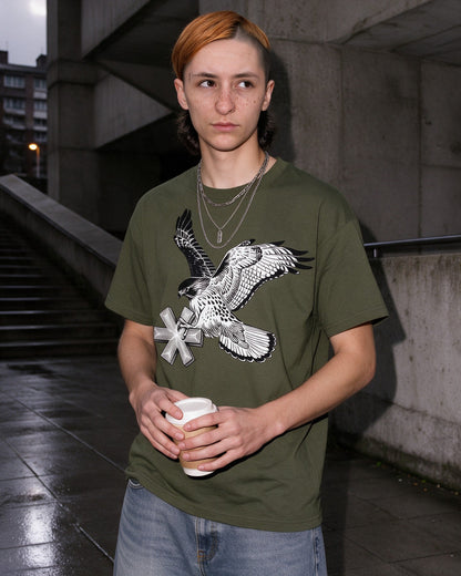 Falcon Strike T-Shirt in Military Green worn on the street — Urban Kong