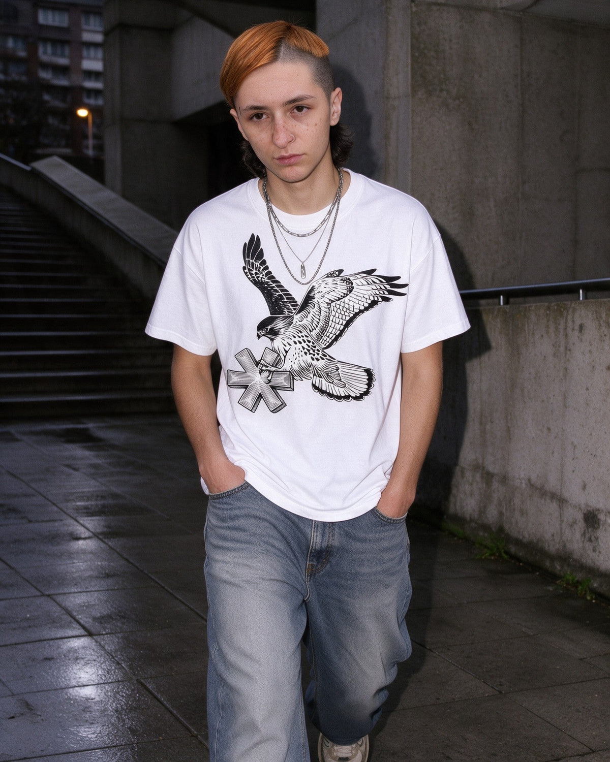 Falcon Strike T-Shirt in White worn on the street — Urban Kong