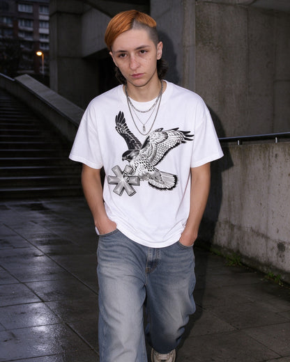 Falcon Strike T-Shirt in White worn on the street — Urban Kong