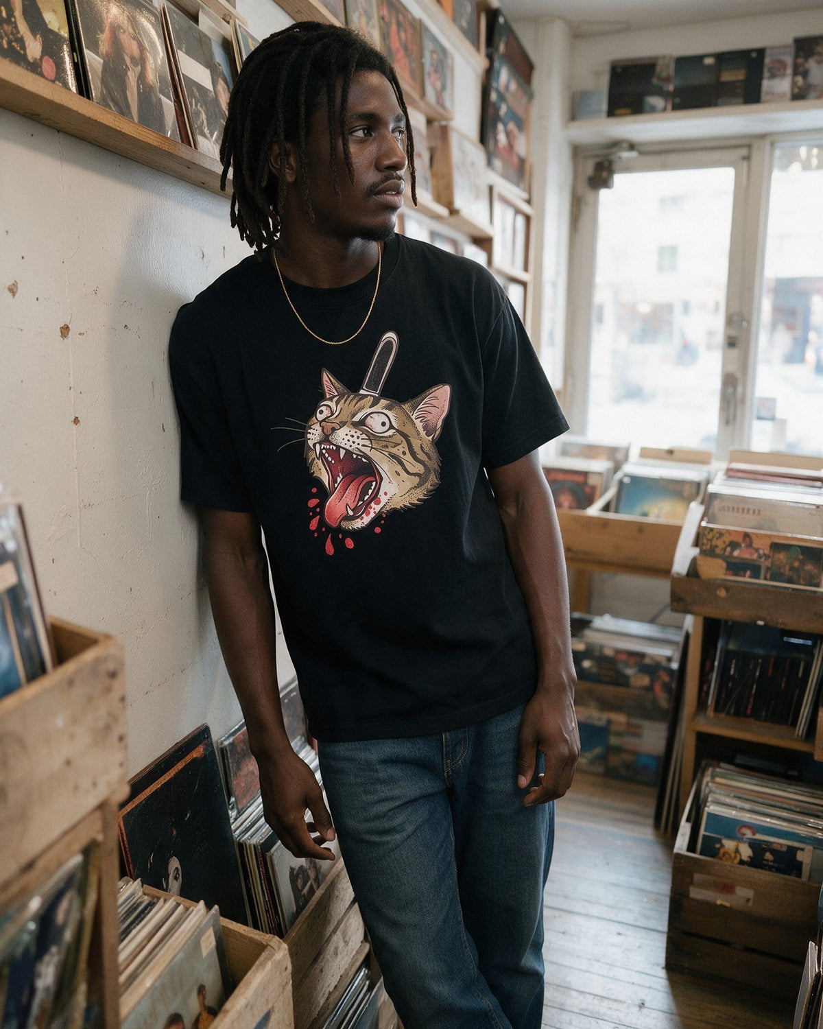 Feral Cat T-Shirt in Black worn on the street — Urban Kong