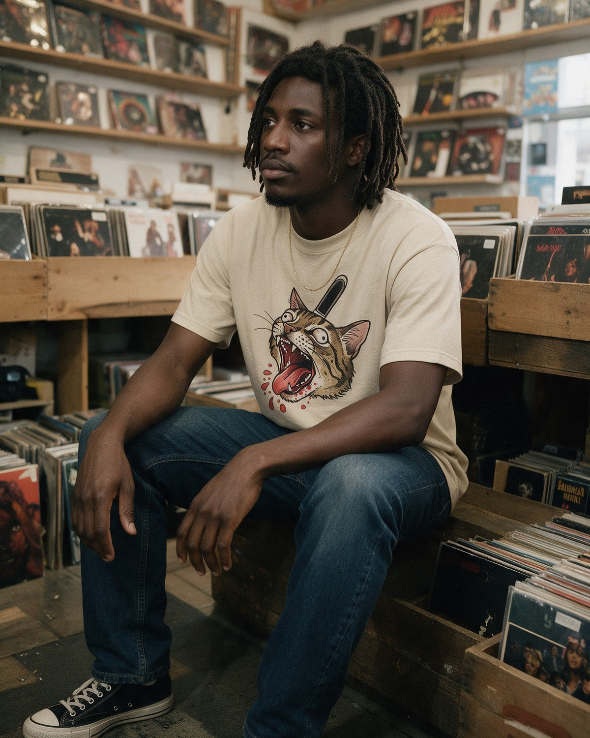 Feral Cat T-Shirt in Sand worn on the street — Urban Kong