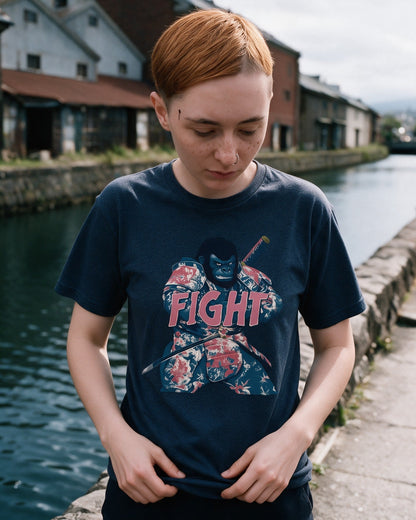 Fight Stance T-Shirt in Heather Navy worn on the street — Urban Kong