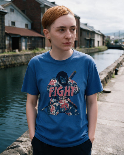 Fight Stance T-Shirt in Heather Royal worn on the street — Urban Kong
