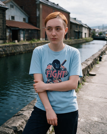 Fight Stance T-Shirt in Light Blue worn on the street — Urban Kong