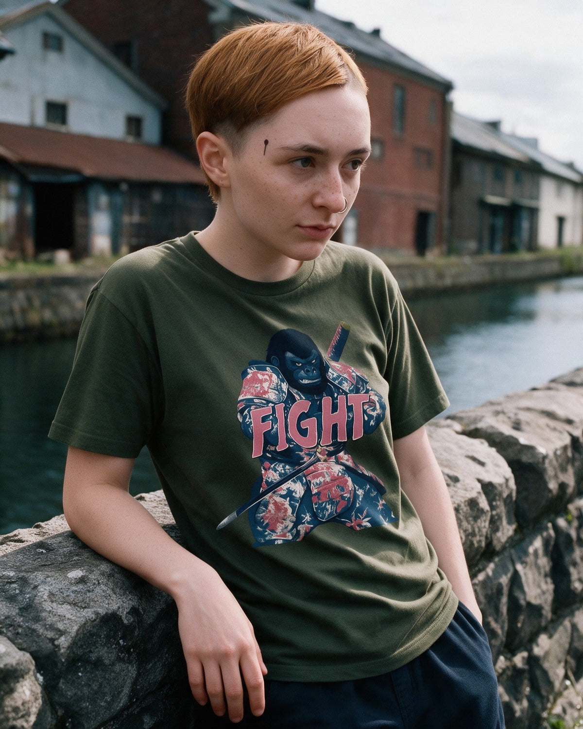 Fight Stance T-Shirt in Military Green worn on the street — Urban Kong