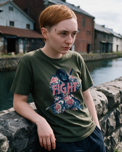 Fight Stance T-Shirt in Military Green worn on the street — Urban Kong