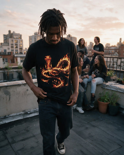 Fire Salamander T-Shirt in Black worn on the street — Urban Kong