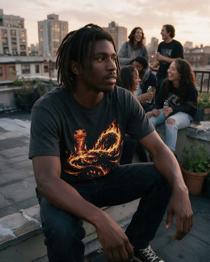 Fire Salamander T-Shirt in Dark Heather worn on the street — Urban Kong