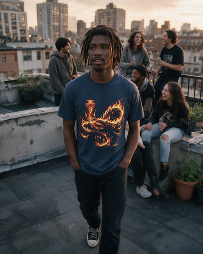 Fire Salamander T-Shirt in Heather Navy worn on the street — Urban Kong