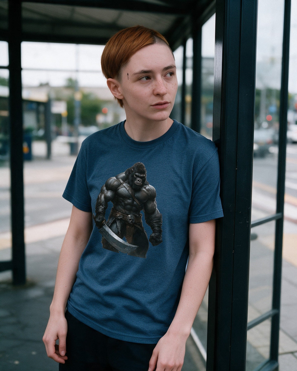 Fjord Fury T-Shirt in Heather Indigo worn on the street — Urban Kong