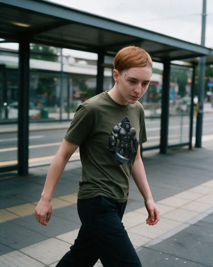 Fjord Fury T-Shirt in Military Green worn on the street — Urban Kong