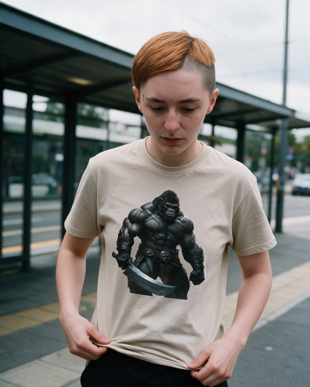 Fjord Fury T-Shirt in Sand worn on the street — Urban Kong