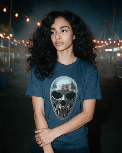 Forged in Shadows T-Shirt in Heather Navy worn on the street — Urban Kong
