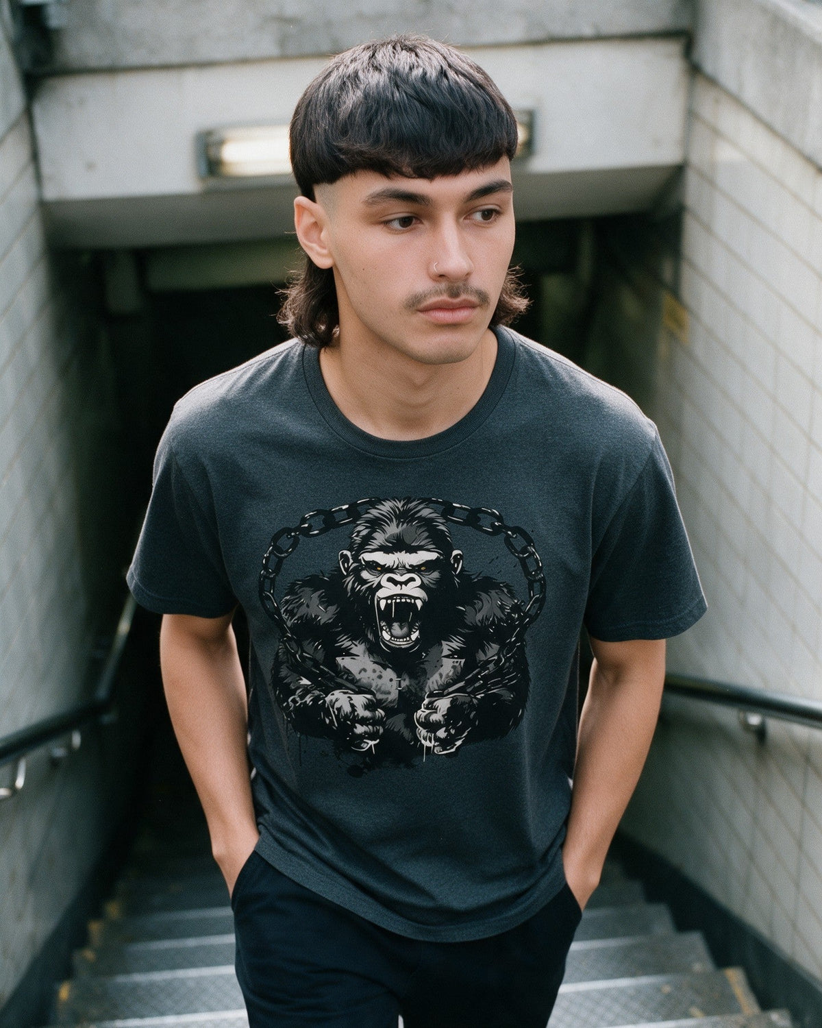 Free Yourself T-Shirt in Dark Heather worn on the street — Urban Kong