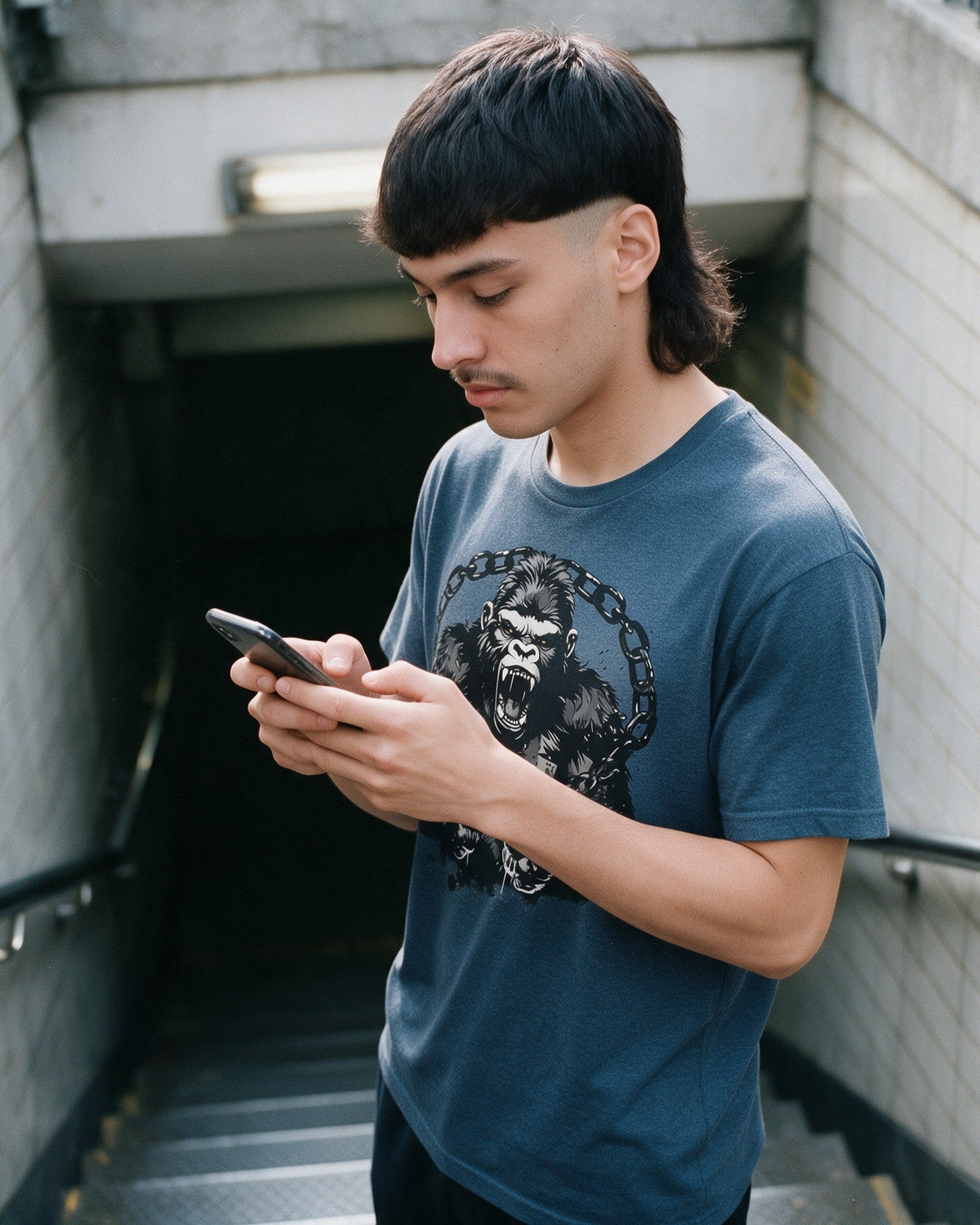 Free Yourself T-Shirt in Heather Indigo worn on the street — Urban Kong