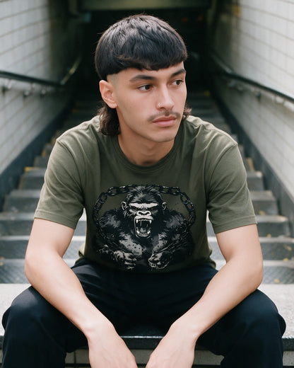 Free Yourself T-Shirt in Military Green worn on the street — Urban Kong