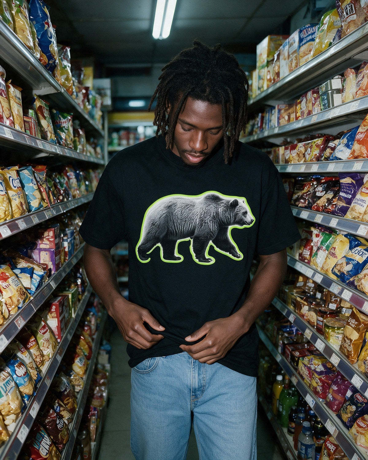 Glow Bear T-Shirt in Black worn on the street — Urban Kong