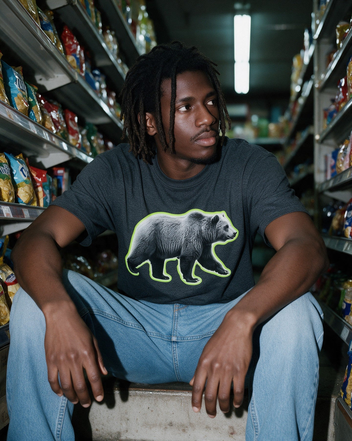 Glow Bear T-Shirt in Dark Heather worn on the street — Urban Kong