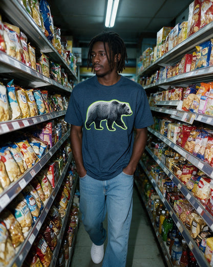 Glow Bear T-Shirt in Heather Navy worn on the street — Urban Kong