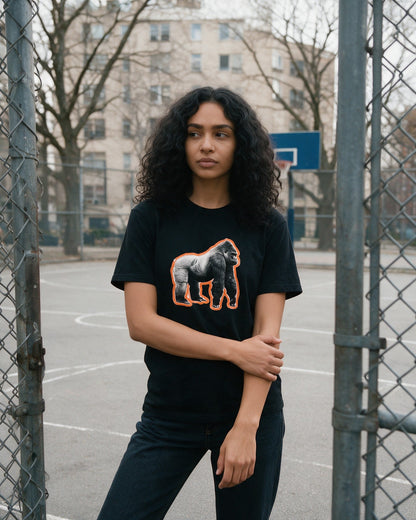 Glow Gorilla T-Shirt in Black worn on the street — Urban Kong