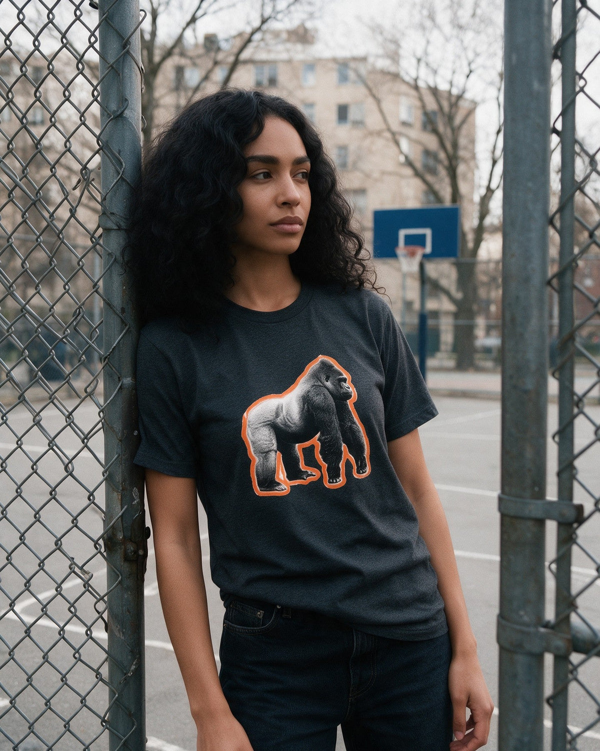 Glow Gorilla T-Shirt in Dark Heather worn on the street — Urban Kong