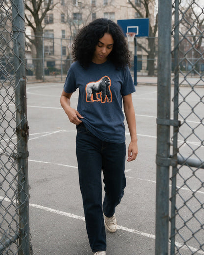 Glow Gorilla T-Shirt in Heather Navy worn on the street — Urban Kong