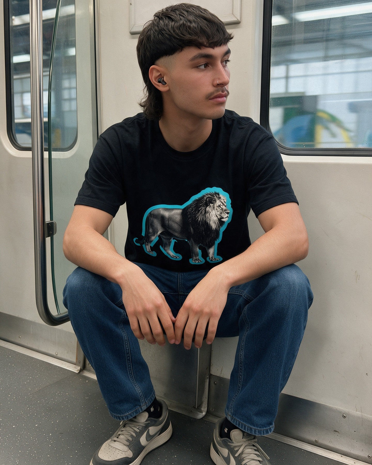 Glow Lion T-Shirt in Black worn on the street — Urban Kong