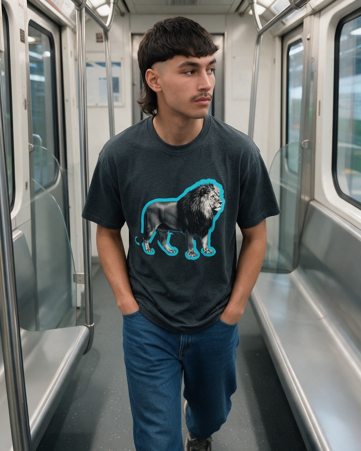 Glow Lion T-Shirt in Dark Heather worn on the street — Urban Kong