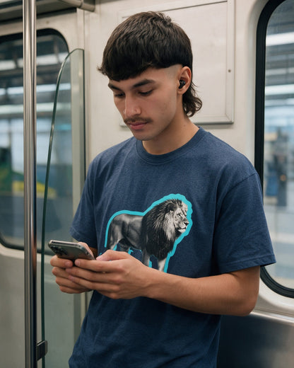 Glow Lion T-Shirt in Heather Navy worn on the street — Urban Kong