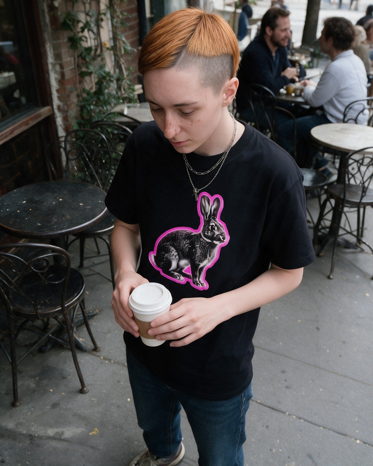 Glow Rabbit T-Shirt in Black worn on the street — Urban Kong