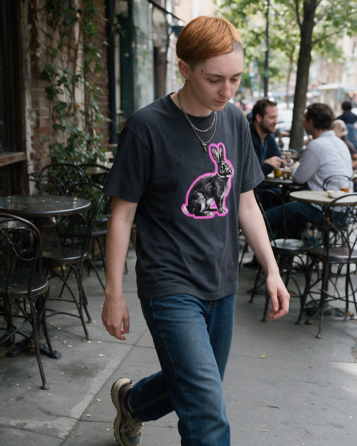 Glow Rabbit T-Shirt in Dark Heather worn on the street — Urban Kong