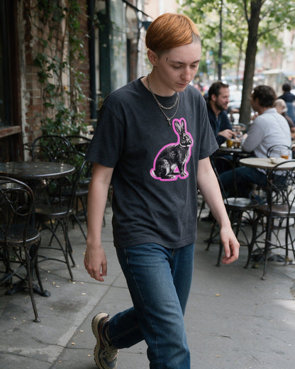 Glow Rabbit T-Shirt in Dark Heather worn on the street — Urban Kong