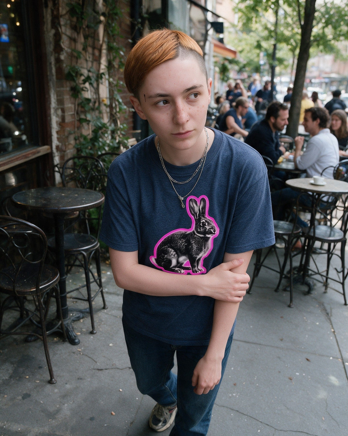 Glow Rabbit T-Shirt in Heather Navy worn on the street — Urban Kong
