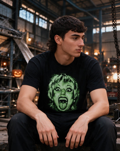 Green Scream T-Shirt in Black worn on the street — Urban Kong