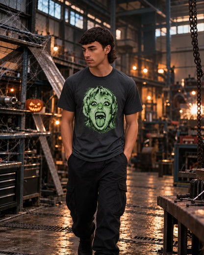 Green Scream T-Shirt in Dark Heather worn on the street — Urban Kong