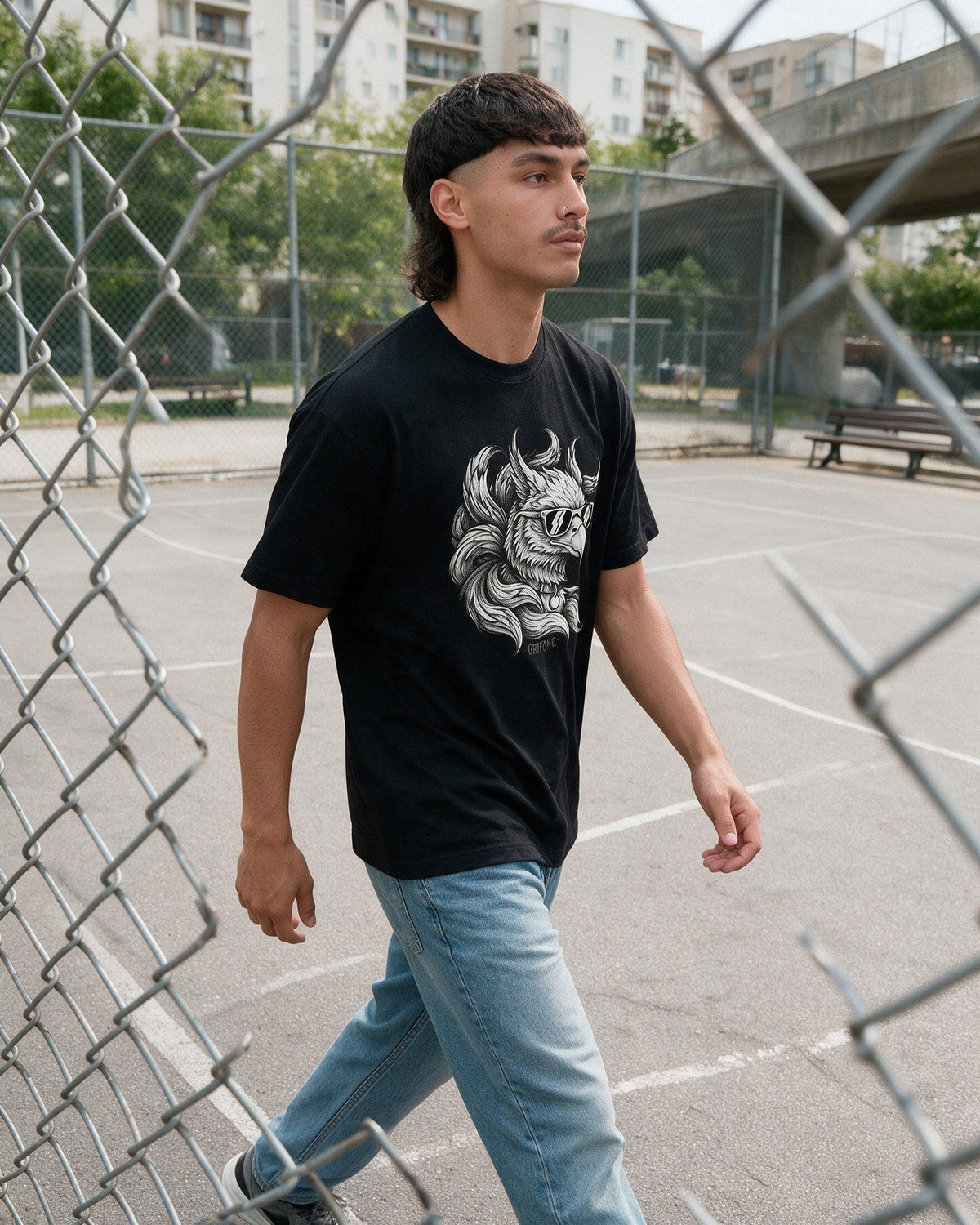 Grifone Shades T-Shirt in Black worn on the street — Urban Kong